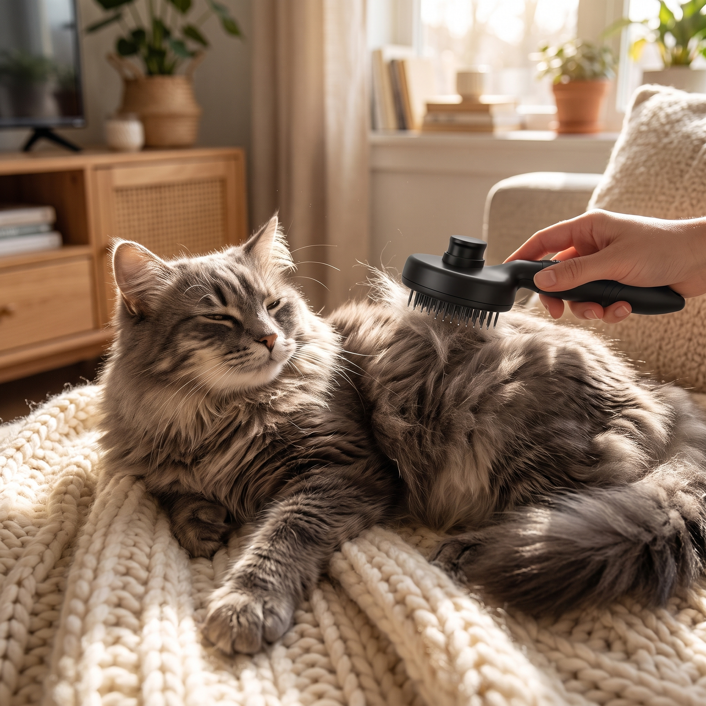 Katze wird mit der selbstreinigenden Fellbürste gebürstet