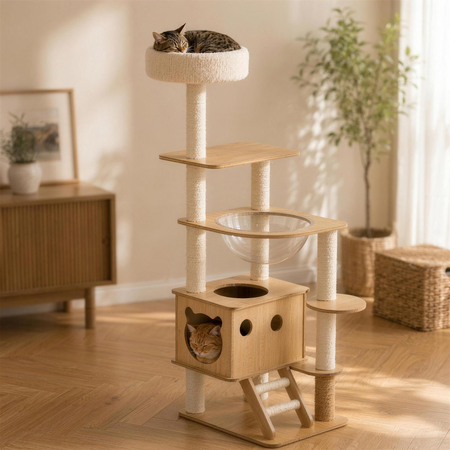 H-basics Kratzbaum im modernen Wohnzimmer mit Katze