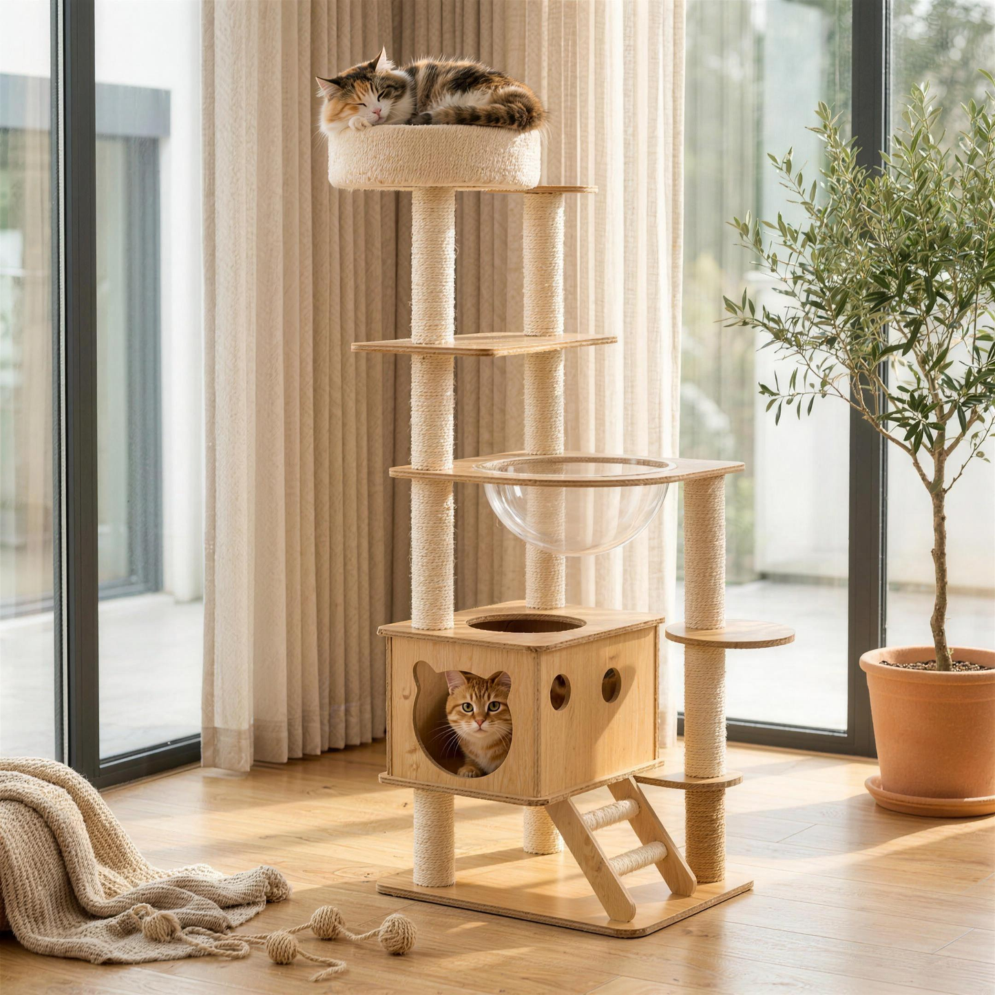 Zwei Katzen nutzen Plüschbett und Katzenhöhle des Kratzbaums