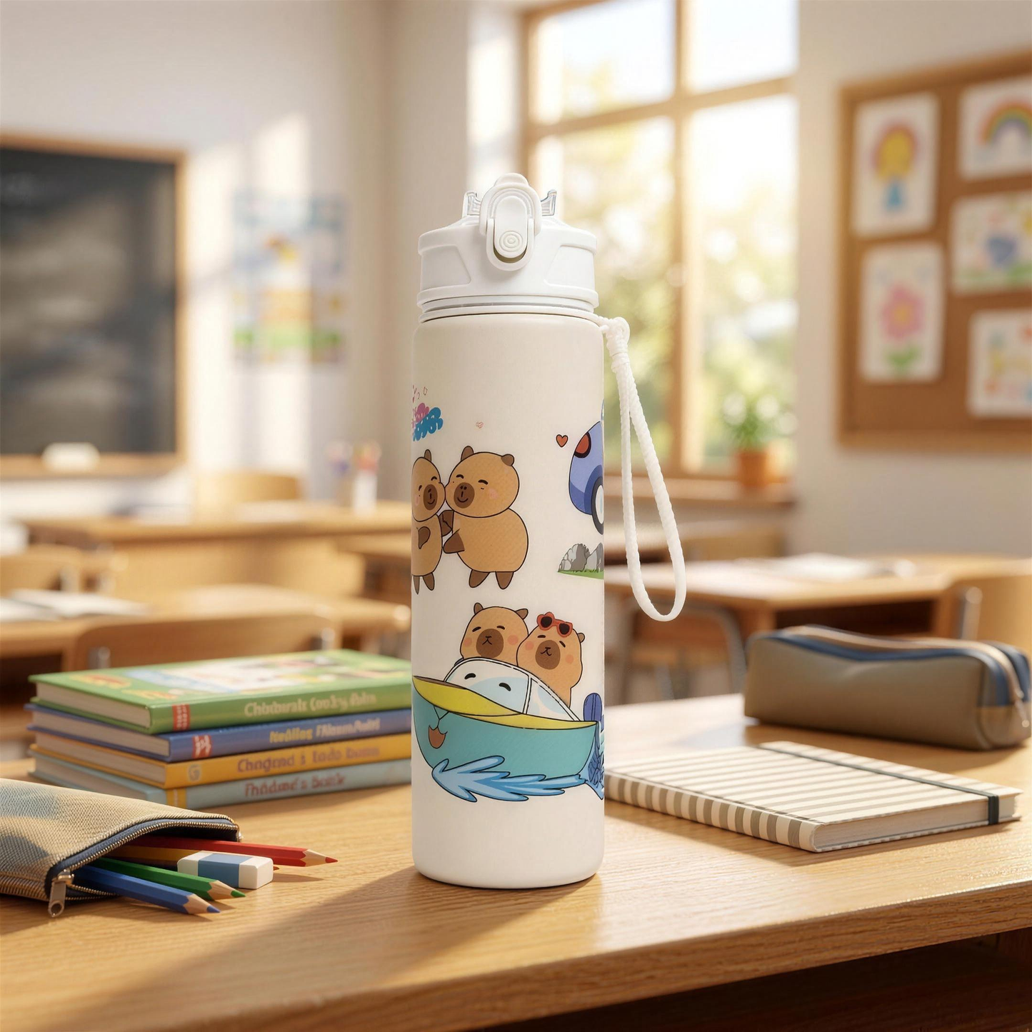Capybara Trinkflasche auf dem Schreibtisch – für die Schule