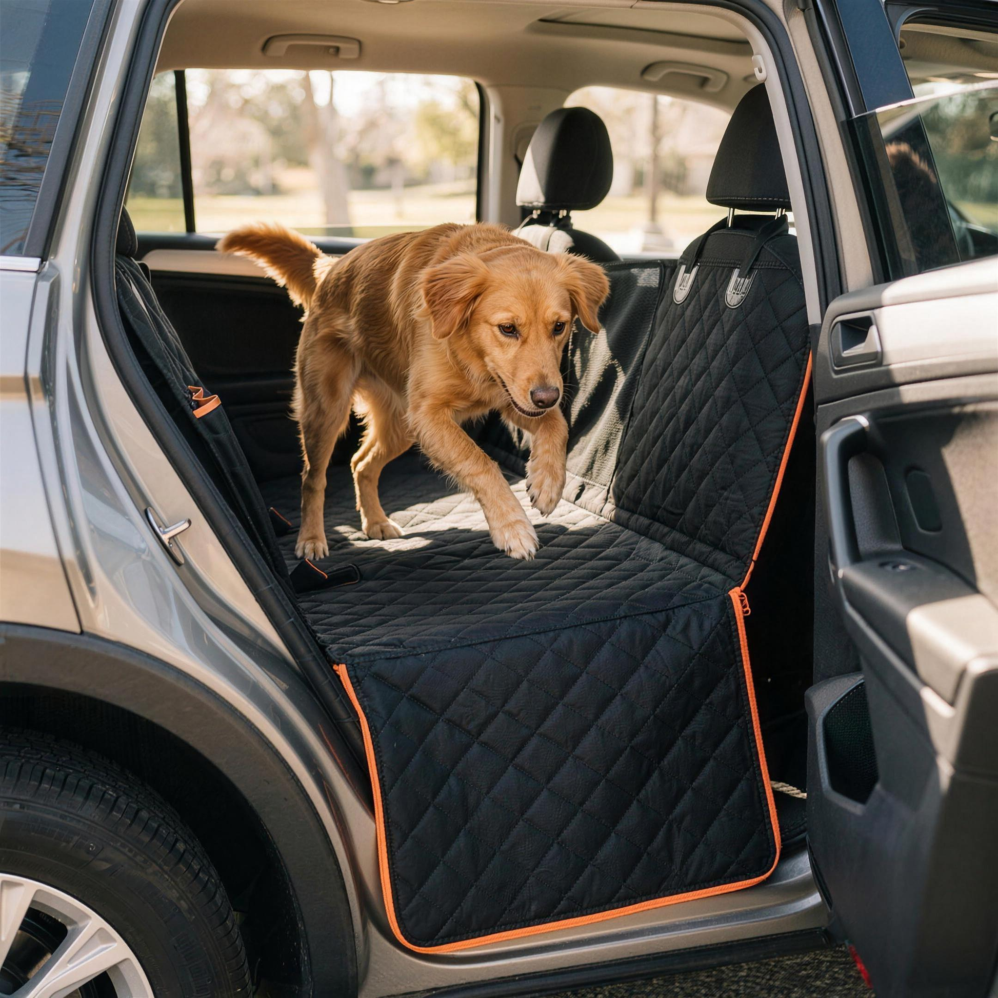 Hund steigt durch geöffnete Seitenklappe ins Auto