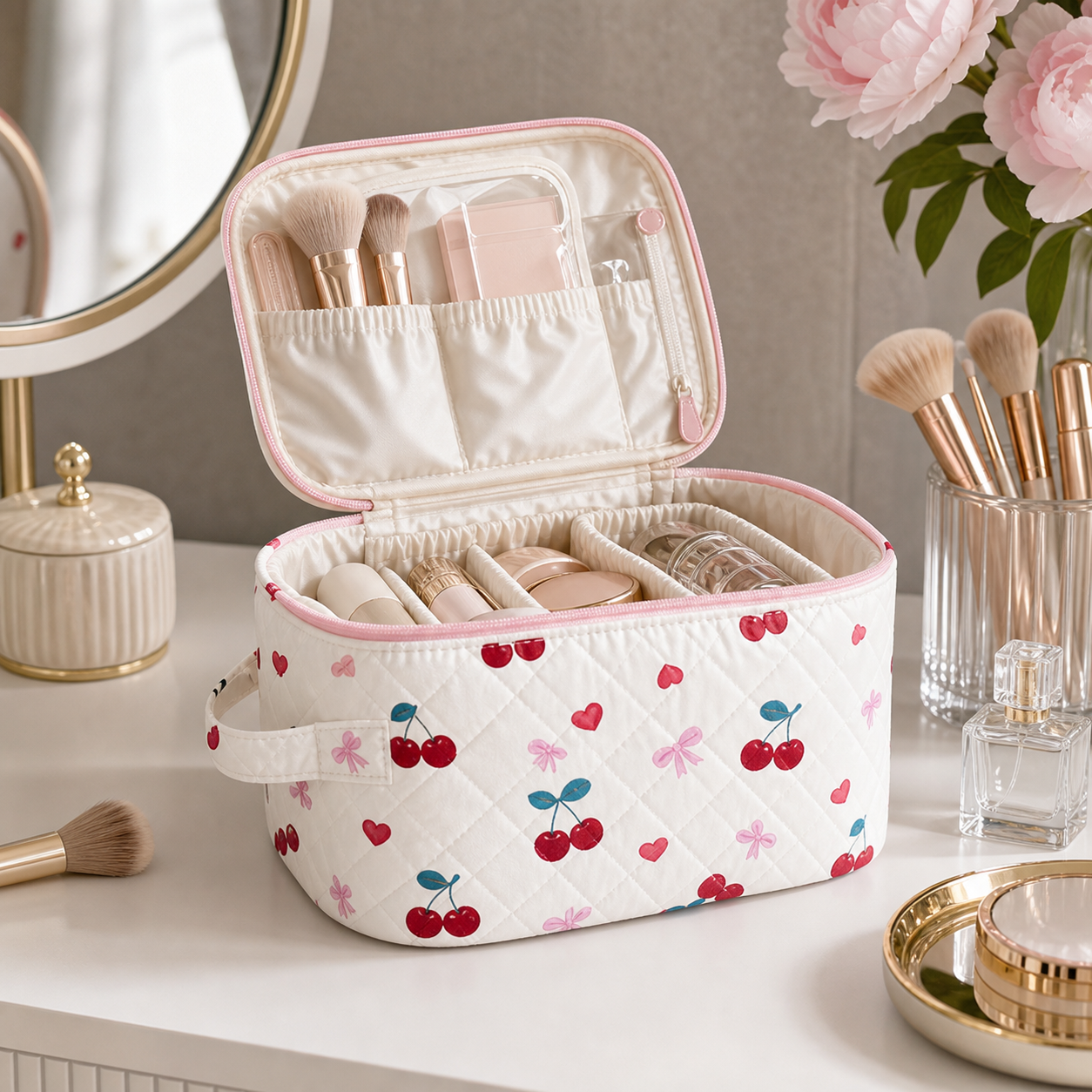Kirsch Kosmetikkoffer geöffnet mit Beauty Zubehör