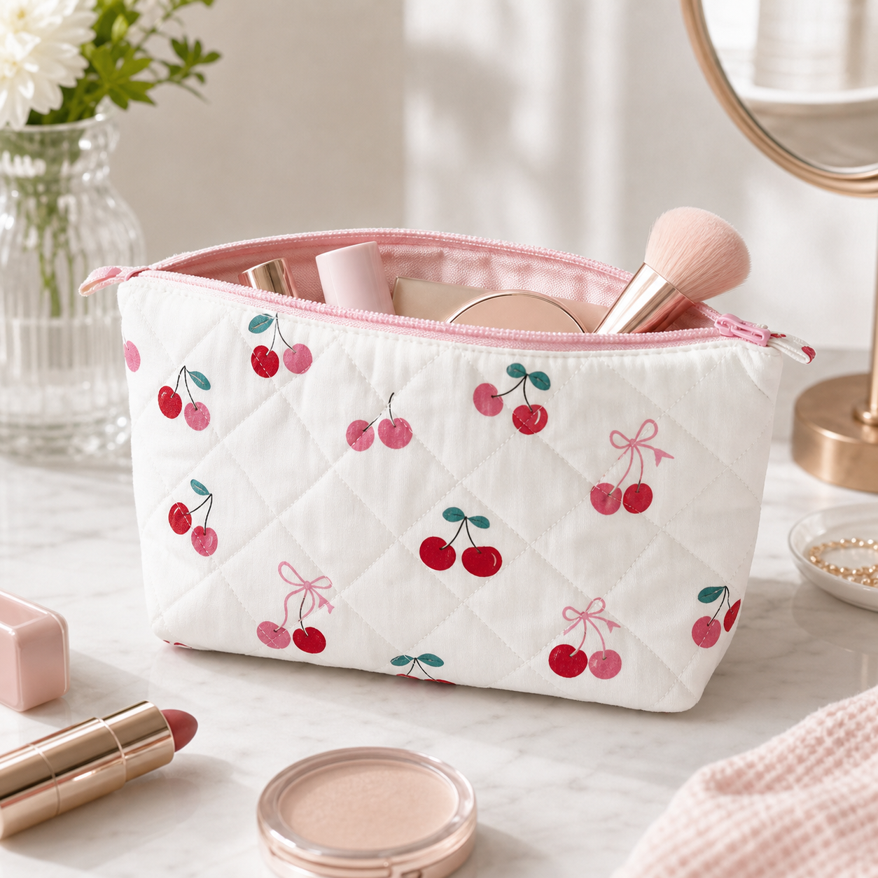 Kirsch Kosmetiktasche auf hellem Schminktisch mit Beauty Zubehör