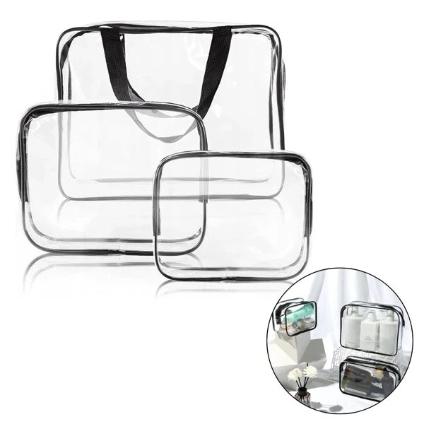 Transparentes 3-teiliges Kosmetiktaschen Set mit schwarzem Rand