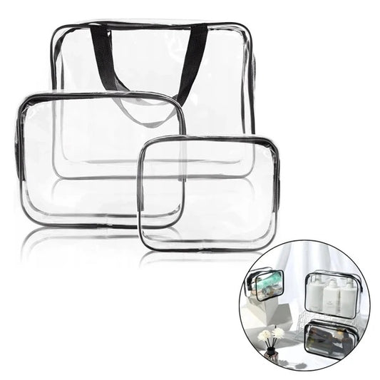 Transparentes 3-teiliges Kosmetiktaschen Set mit schwarzem Rand