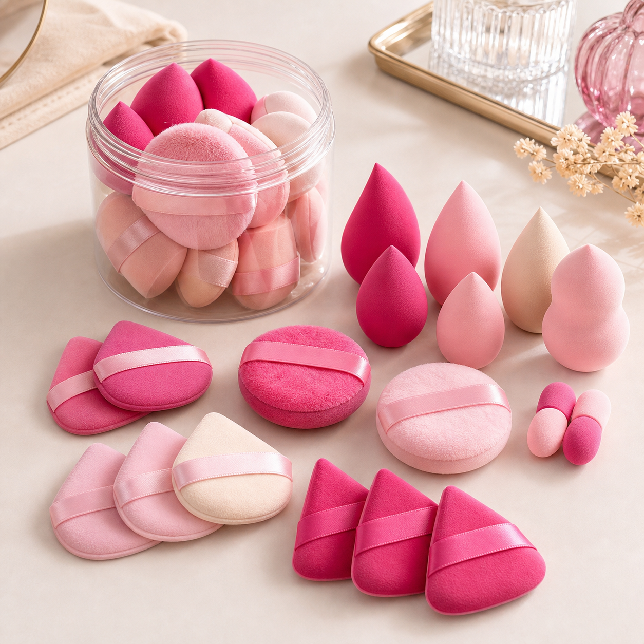 Pinkes 15-teiliges Make-up Schwamm Set auf Beauty Tisch