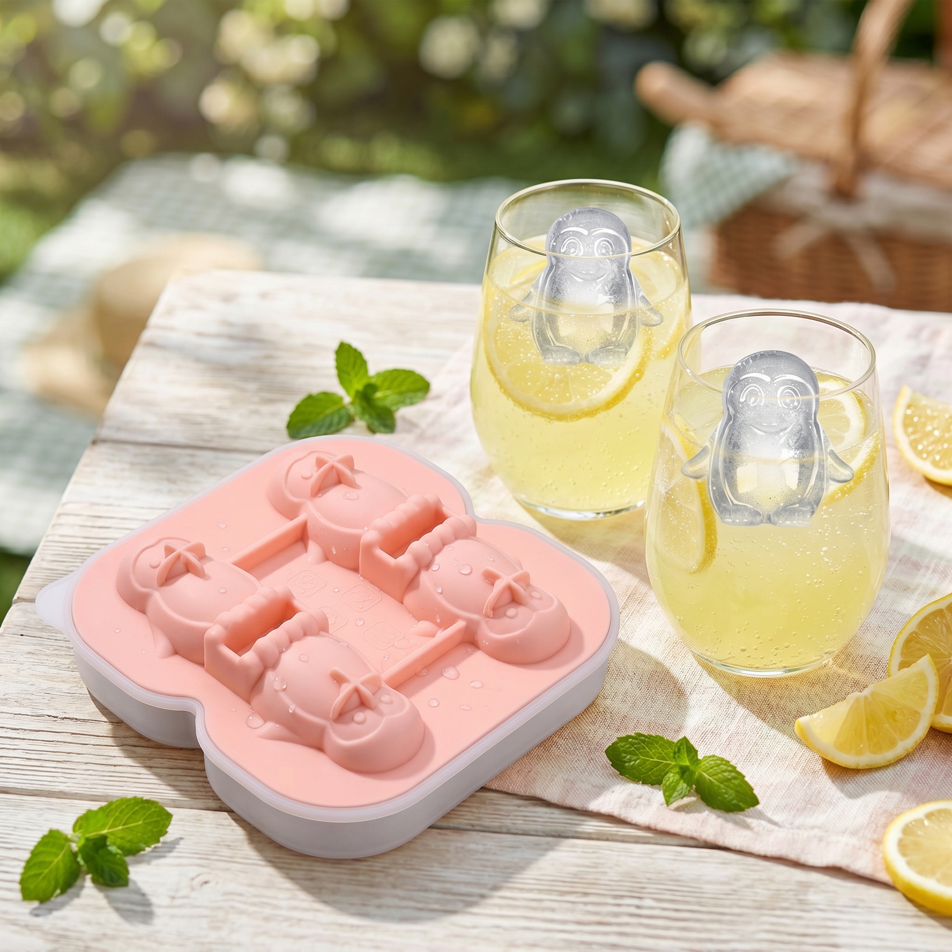 Pinguin Eiswürfelform mit Pinguin-Eiswürfeln in Limonade