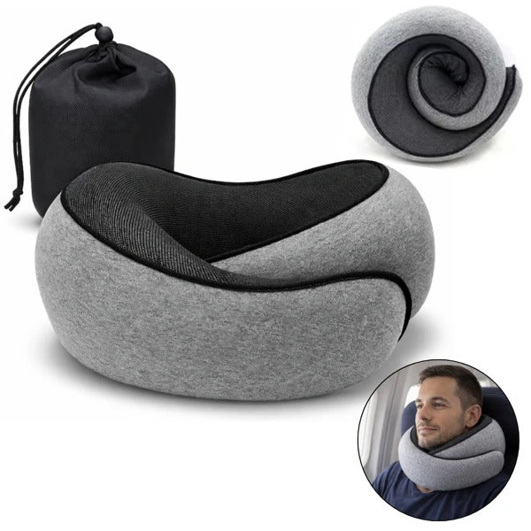 Graues Memory Foam Reise Nackenkissen mit schwarzer Hülle
