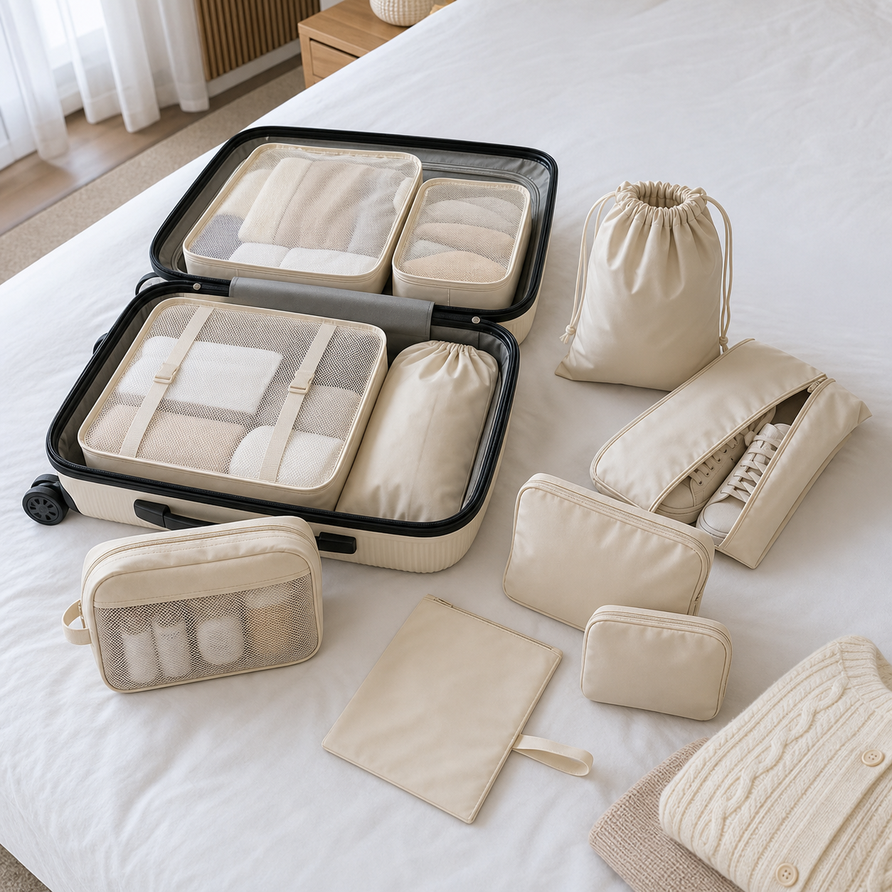 Cremefarbenes Reiseorganizer Set im geöffneten Koffer