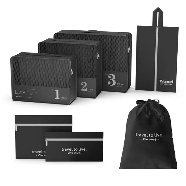 7-teiliges Reiseorganizer Set in Schwarz mit Packwürfeln und Taschen
