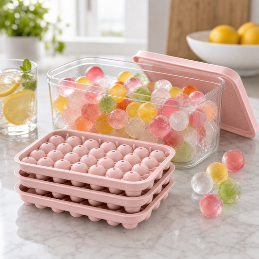 Rosa Silikon Eiswürfelformen mit Eiswürfelbehälter in der Küche