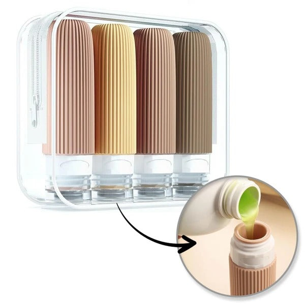 4-teiliges Silikon Reiseflaschen Set in transparenter Tasche
