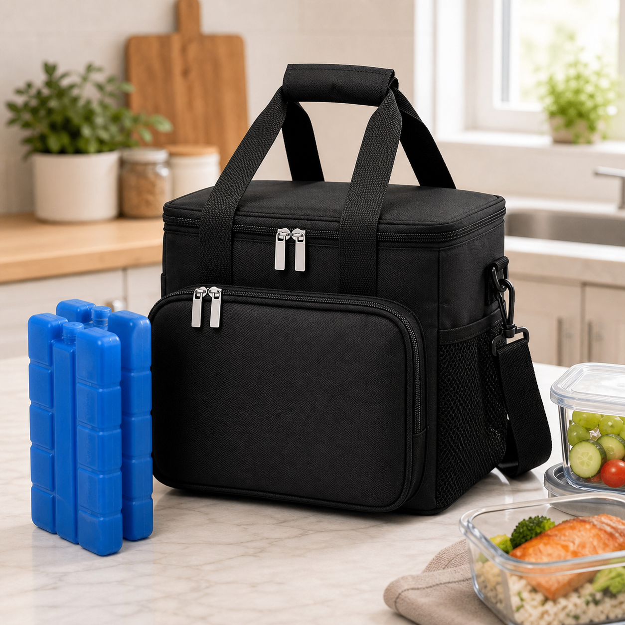 Schwarze isolierte Lunchbag mit Lunchboxen und Kühlakkus